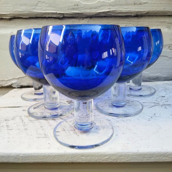 Set of 6 Vintage Crate & Barrel Cobalt Blue Thick Clear Stemmed "Deena" Wine Gla - Picture 3 of 11
